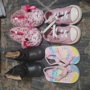 Lot of 4, Size 5 Toddler Shoes, Pink Converse, Brown Boots, Slippers, Sandals